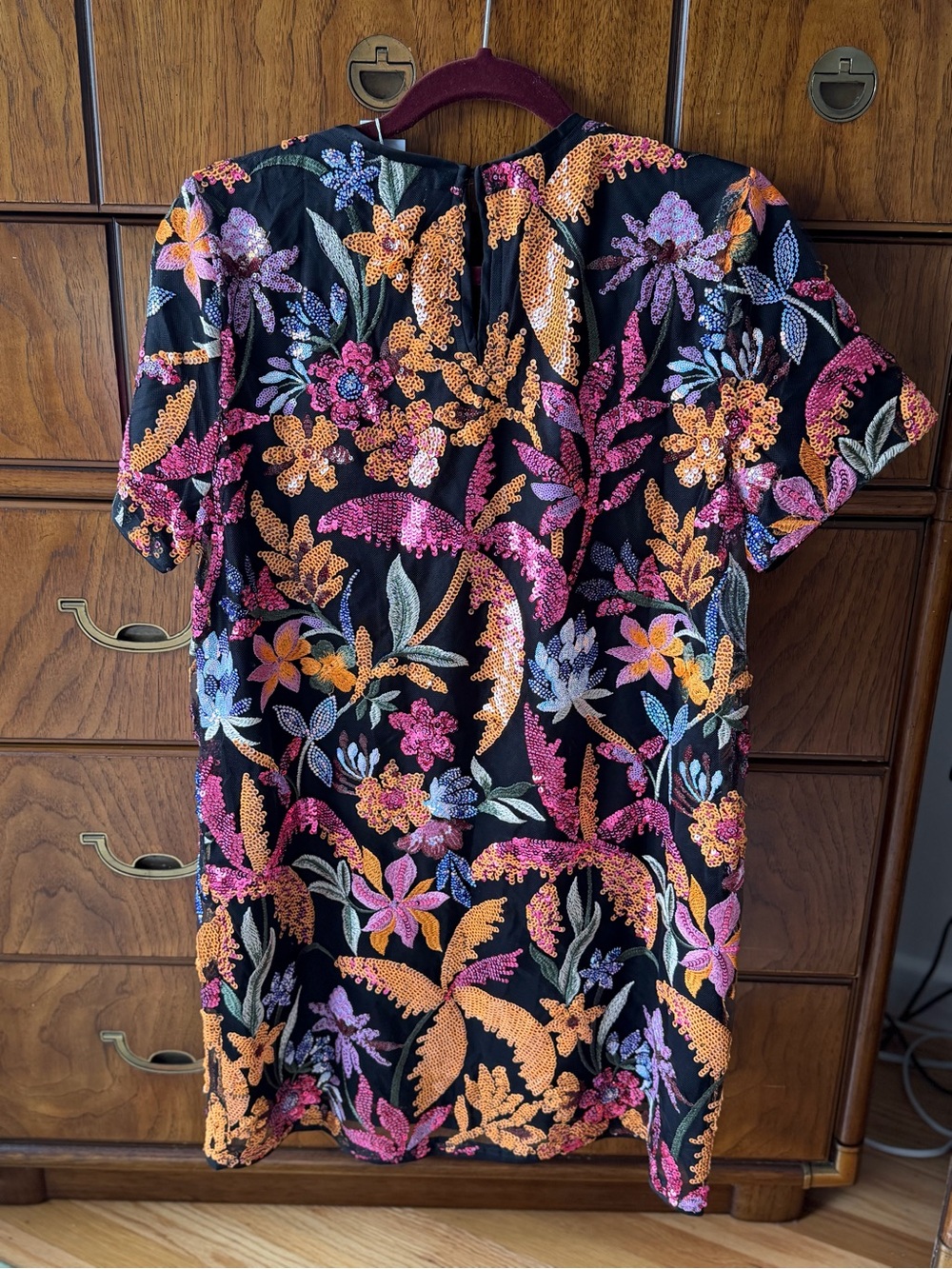 Sequined Floral Shift Dress in Black with Pink & Gold Accents - Picture 2 of 3